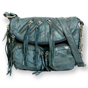 TARNISH BLUE GENUINE LEATHER TASSEL CHAIN EXPAND CROSSBODY SHOULDER BAG HANDBAG